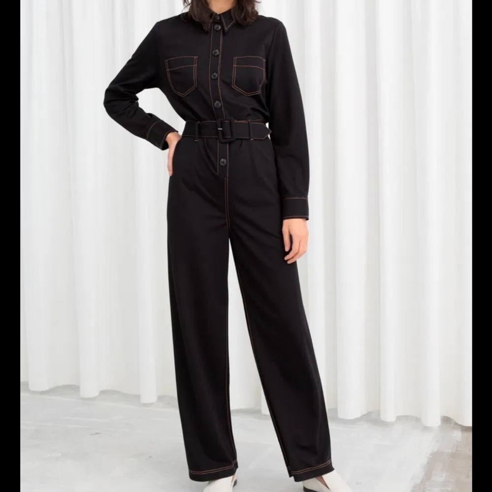 & Other Stories Workwear Boiler Suit Black Jumpsuit Overalls Straight Leg Boho 2
